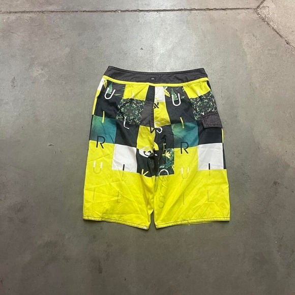 Y2K Quiksilver Yellow Graphic Board Shorts‎ W27 - Picture 1 of 7